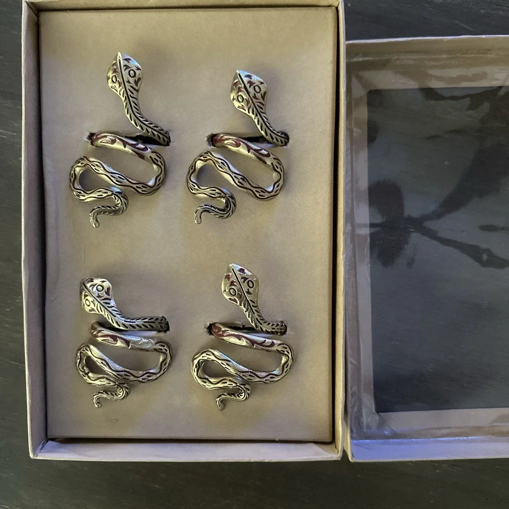 Snake Set of 4 Napkin Rings Gold Tone w/Red Accents 3.5